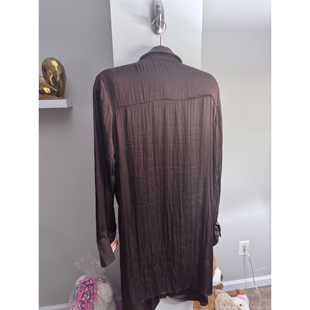 Steve Madden Tie Curious Satin Shirt Dress L Chocolate Brown Tie Front Mini - Picture 8 of 10